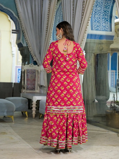 Bright pink floral pure cotton Jaipuri lehenga kurta dupatta set with gota trim, back view | InayaKhan