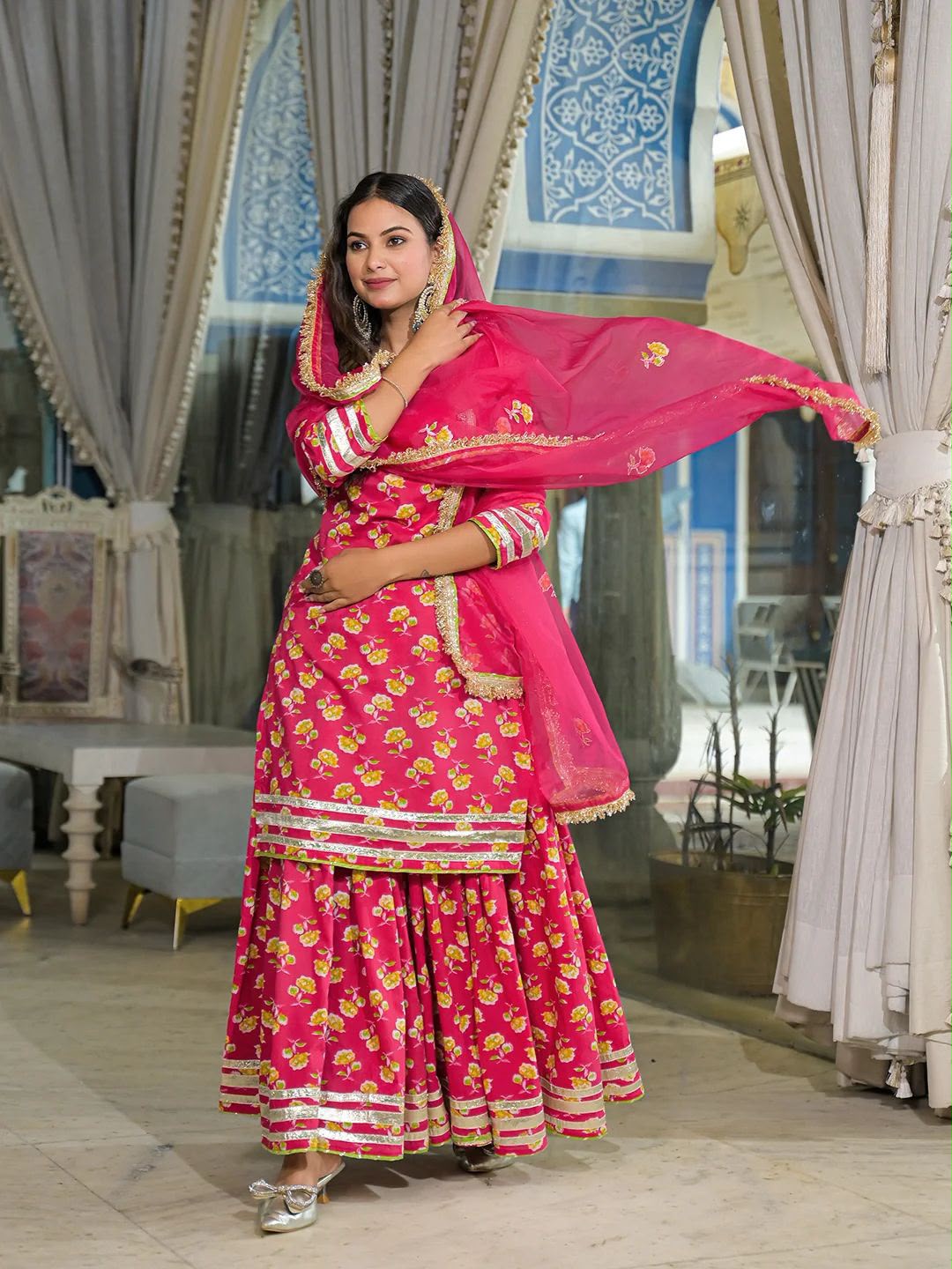 Bright pink floral pure cotton Jaipuri lehenga kurta dupatta set with gota trim, dupatta pose view | InayaKhan