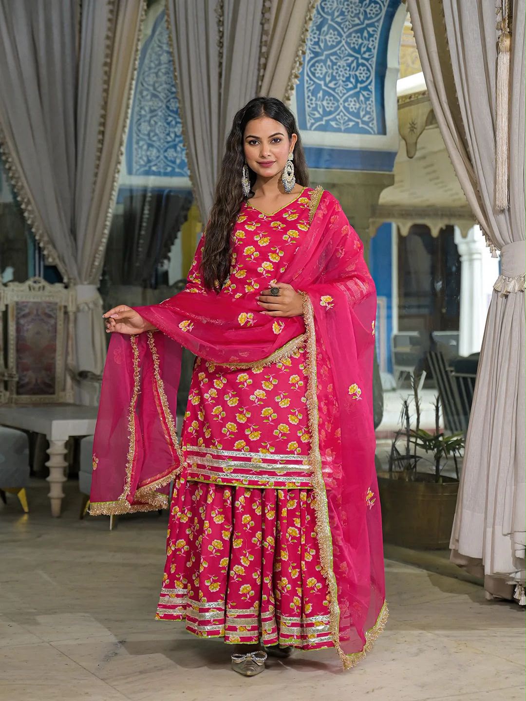 Bright pink floral pure cotton Jaipuri lehenga kurta dupatta set with gota trim, front view | InayaKhan