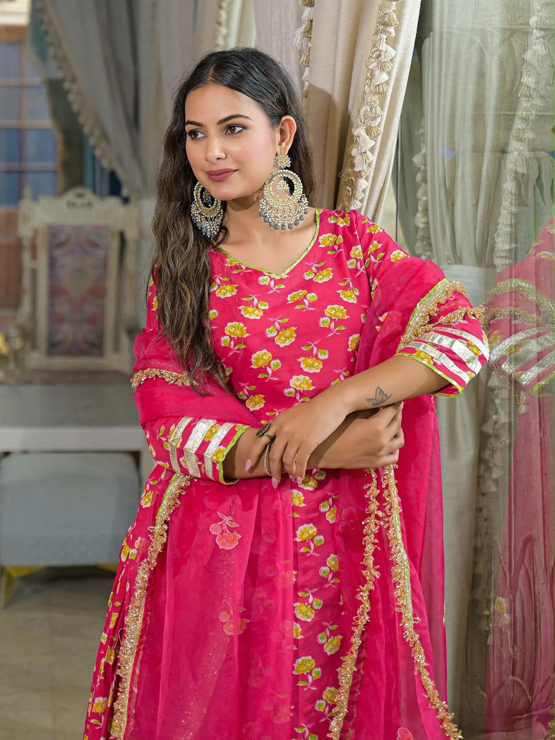 Bright pink floral pure cotton Jaipuri lehenga kurta dupatta set with gota trim, kurta detail view | InayaKhan