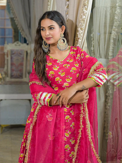 Bright pink floral pure cotton Jaipuri lehenga kurta dupatta set with gota trim, kurta detail view | InayaKhan