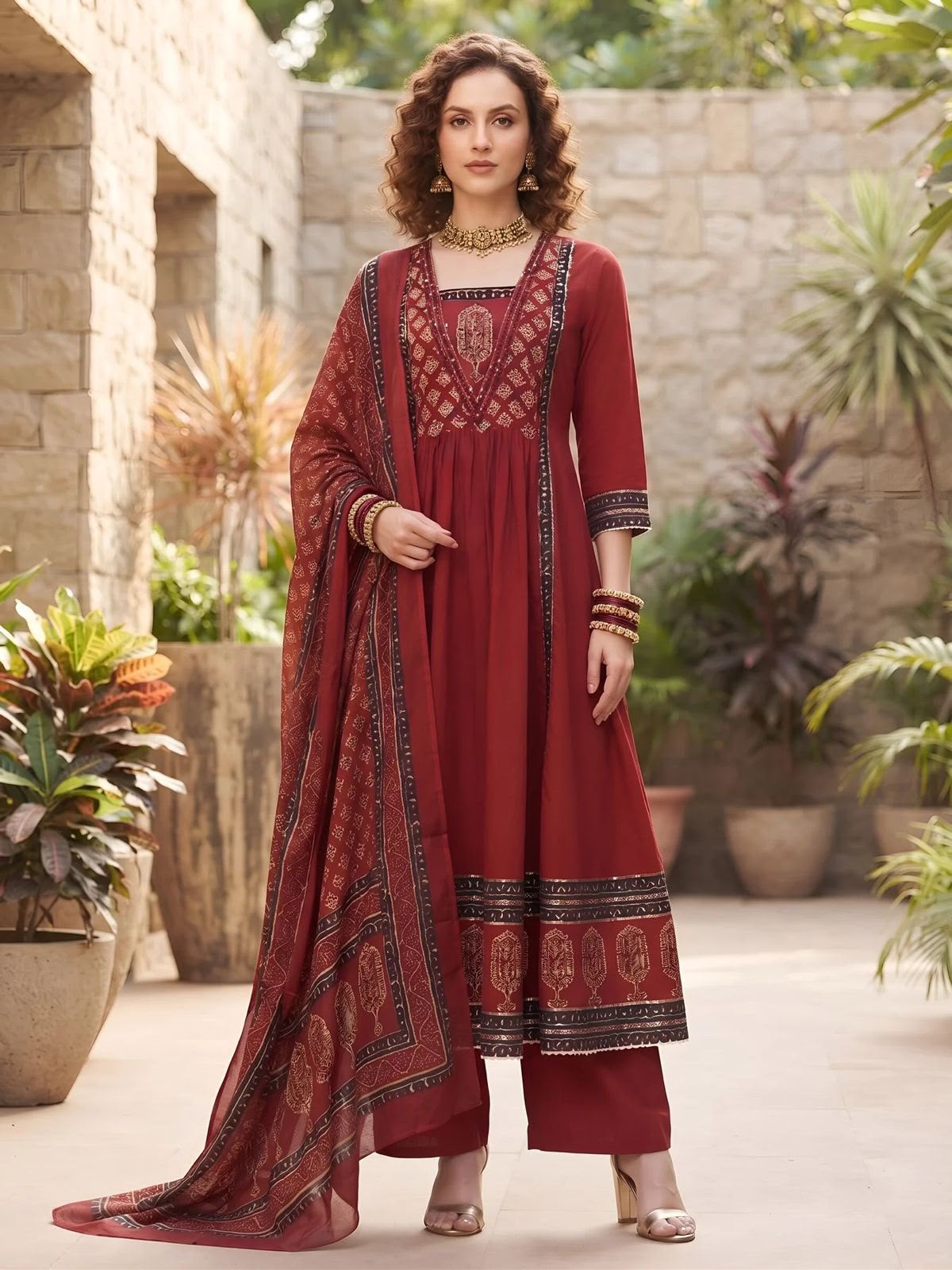 Maroon pure cotton Jaipuri Anarkali kurta pants set with Bagru print dupatta, front view | InayaKhan