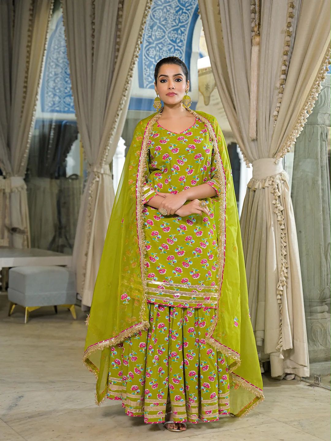 Olive green floral pure cotton Jaipuri lehenga kurta dupatta set with gota trim, front view | InayaKhan