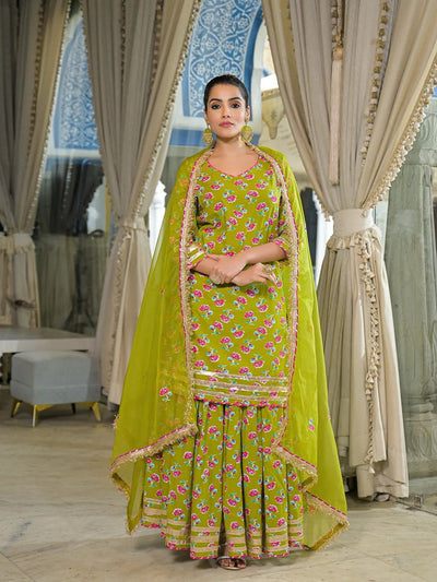 Olive Green Floral Cotton Jaipuri Lehenga Kurta & Dupatta Set with Gota Detail