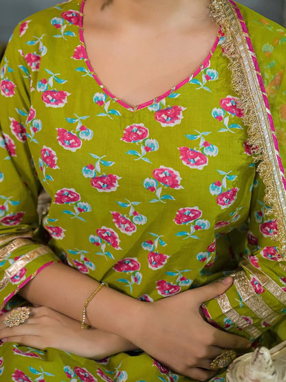 Olive green floral pure cotton Jaipuri lehenga kurta dupatta set with gota trim, kurta detail view | InayaKhan