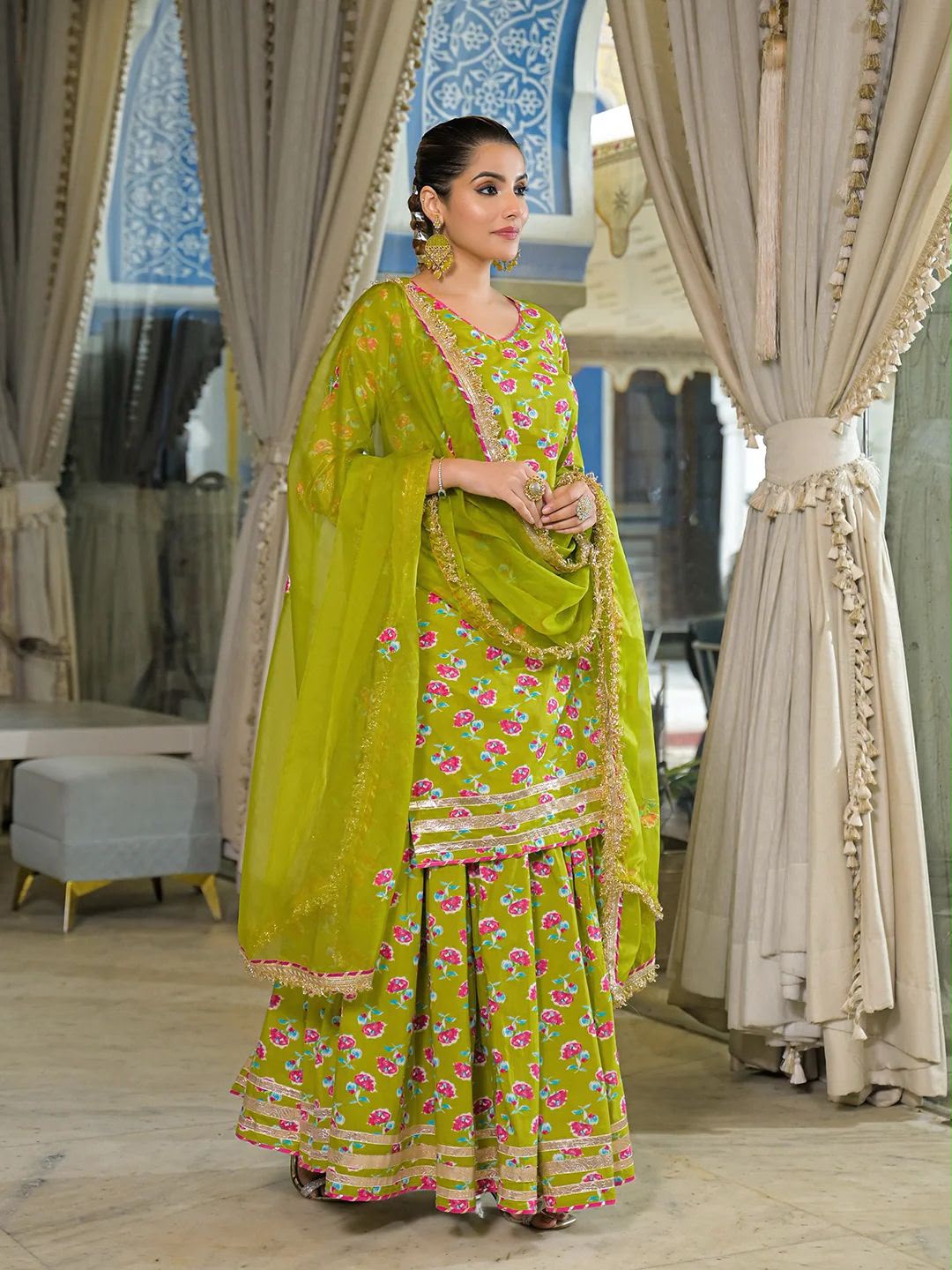 Olive green floral pure cotton Jaipuri lehenga kurta dupatta set with gota trim, side view | InayaKhan