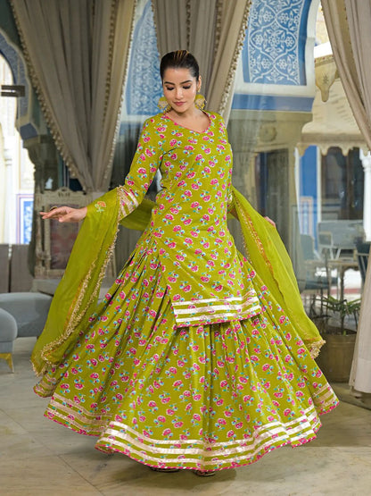 Olive green floral pure cotton Jaipuri lehenga kurta dupatta set with gota trim, twirl view | InayaKhan
