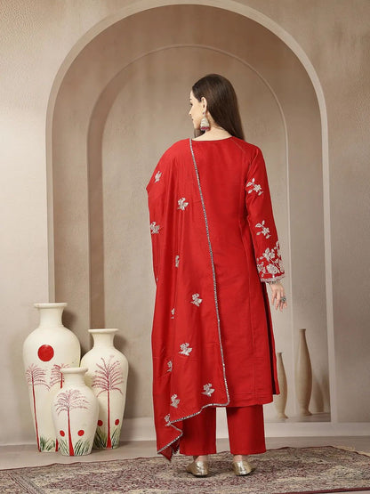 Red pure silk Jaipuri mirror work kurta trouser dupatta set – back view