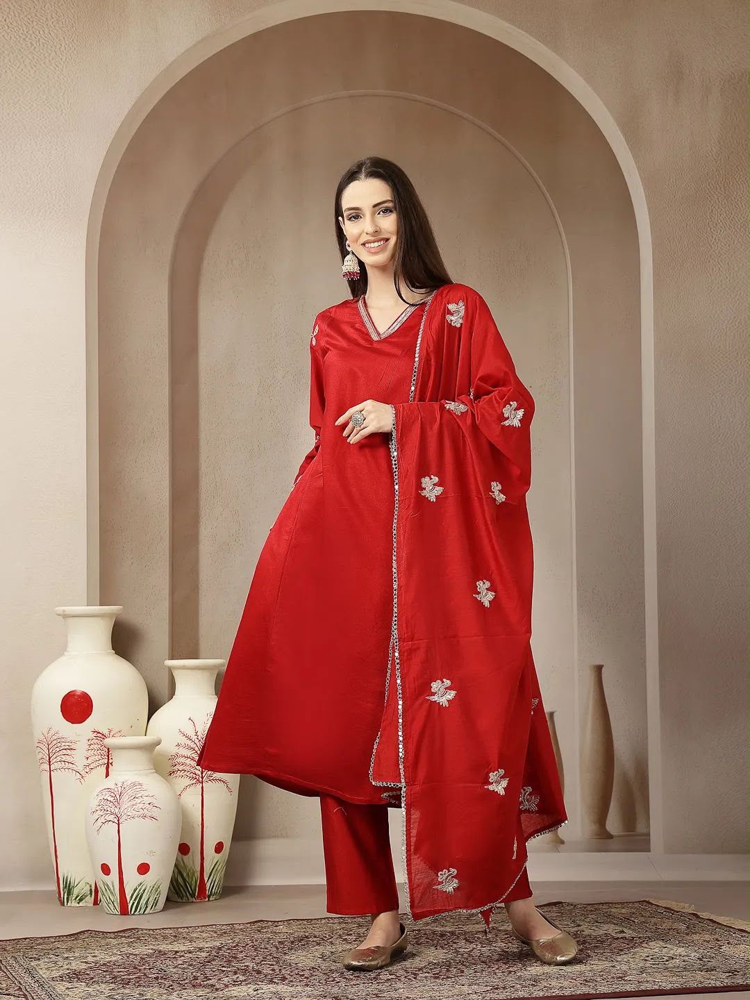 Red pure silk Jaipuri mirror work kurta trouser dupatta set – front dupatta view