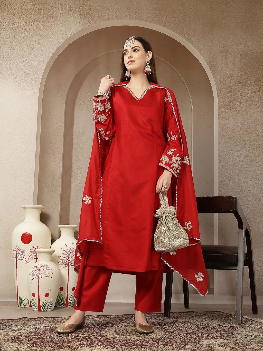 Red pure silk Jaipuri mirror work kurta trouser dupatta set – front full look