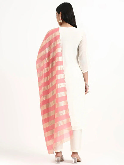 White Chanderi silk Jaipuri kurta trouser set with pink gold dupatta – back view pink gold dupatta