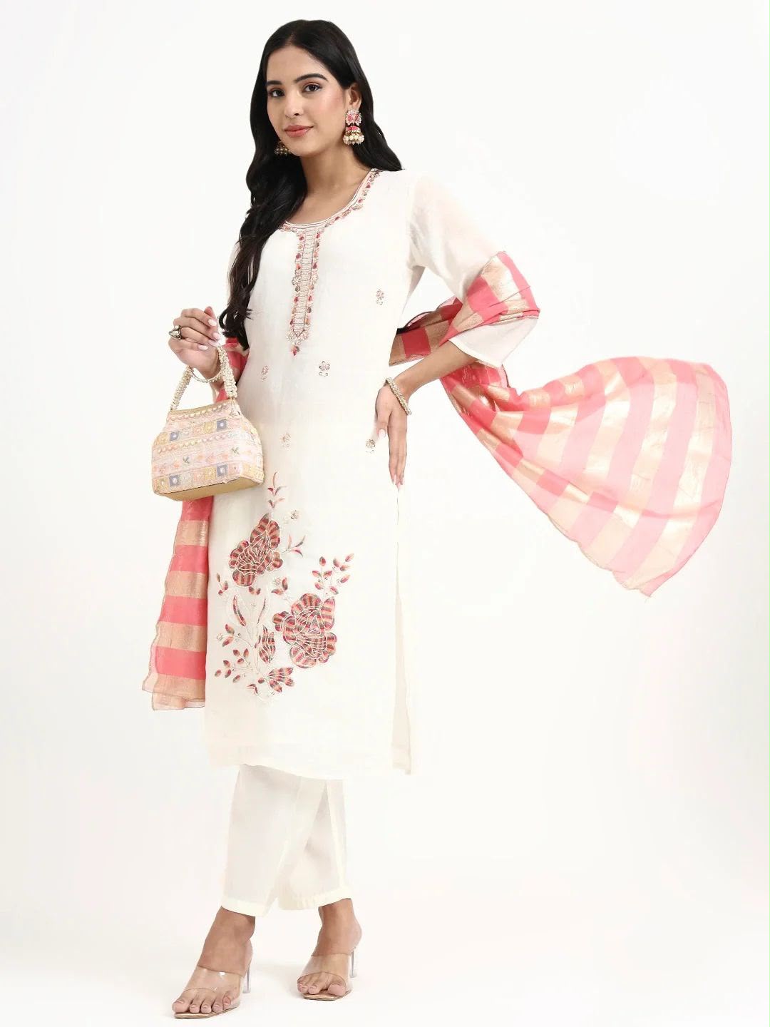 White Chanderi silk Jaipuri kurta trouser set with pink gold dupatta – front view
