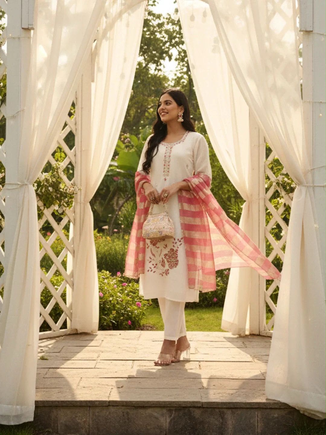 White Chanderi silk Jaipuri kurta trouser set with pink gold dupatta – lifestyle view