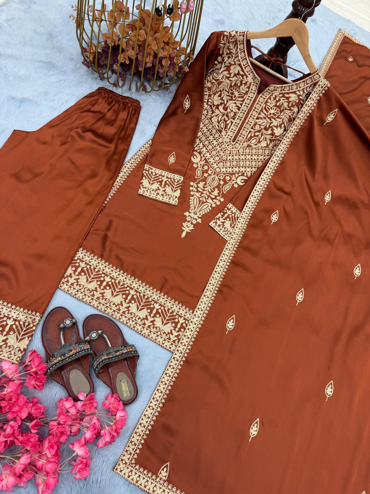 Brown Designer Pure Chinon Silk Embroidered Top & Palazzo Set with Dupatta