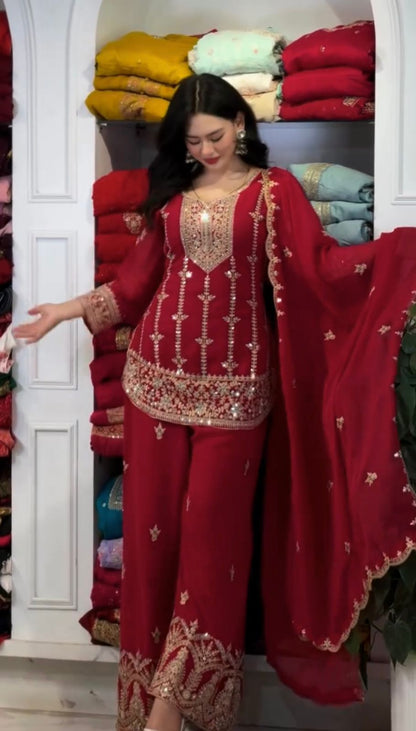 Red Designer Party Wear Faux Georgette Top, Palazzo & Dupatta Set