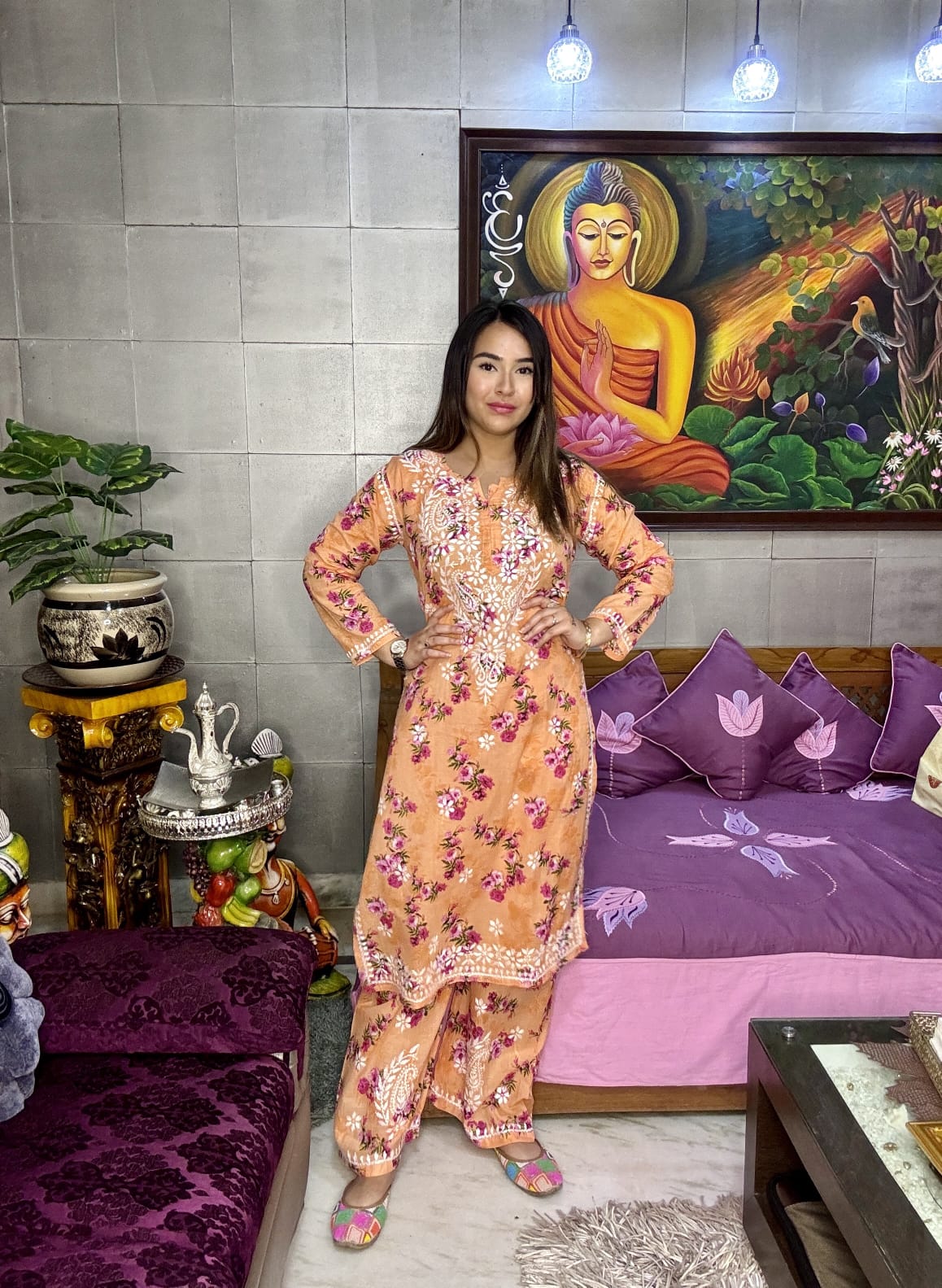 Peach Mul Mul Floral Lucknow Chikankari Kurti Palazzo Set for Summers