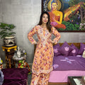 Peach Mul Mul Floral Lucknow Chikankari Kurti Palazzo Set for Summers