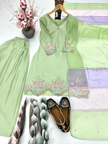 Light Green Designer Crepe Embroidered Farshi Salwar Suit Set
