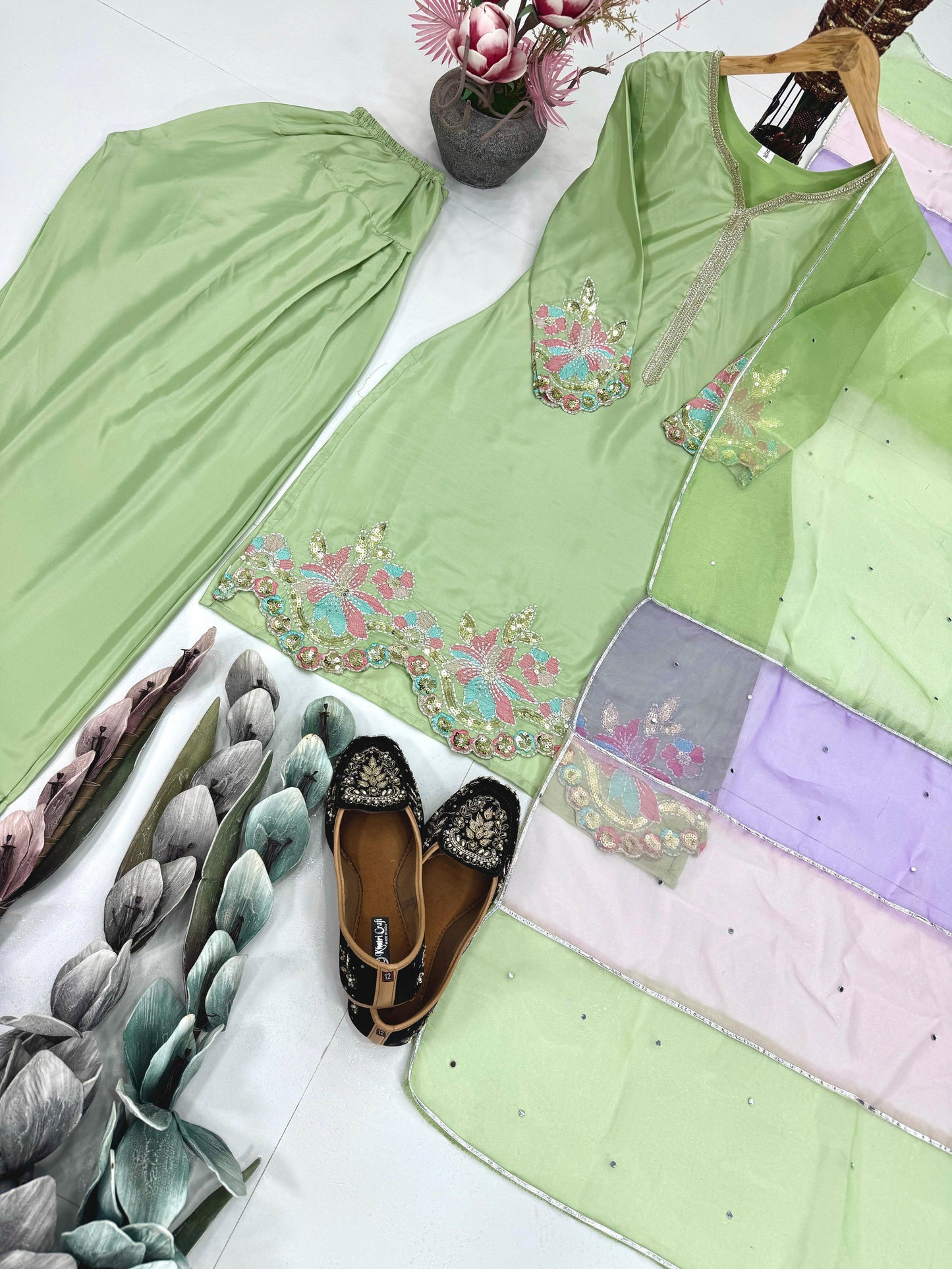 Light Green Designer Crepe Embroidered Farshi Salwar Suit Set