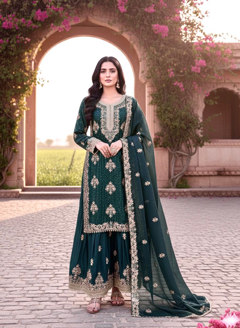 Royal Teal Green Embroidered Gharara Set