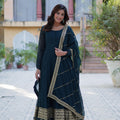 Peacock Blue Embroidered Faux Blooming Indian Gown with Dupatta