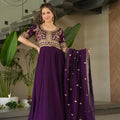 Purple Embroidered Vichitra Silk Indian Gown with Dupatta Set