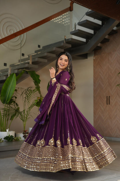 Wine Zari & Sequin Embroidered Anarkali Party Wear Gown with Dupatta