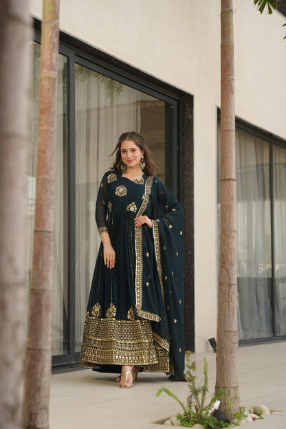 Dark Sea Green Zari & Sequin Embroidered Anarkali Party Wear Gown with Dupatta