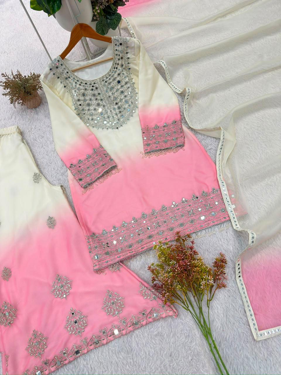 Ivory and pink real mirror embroidered top palazzo and dupatta flat lay