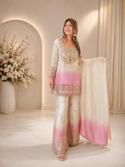 Ivory and pink ombre mirror work festive palazzo set front model view