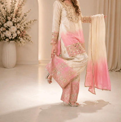 Ivory and pink ombre embroidered palazzo set lifestyle detail