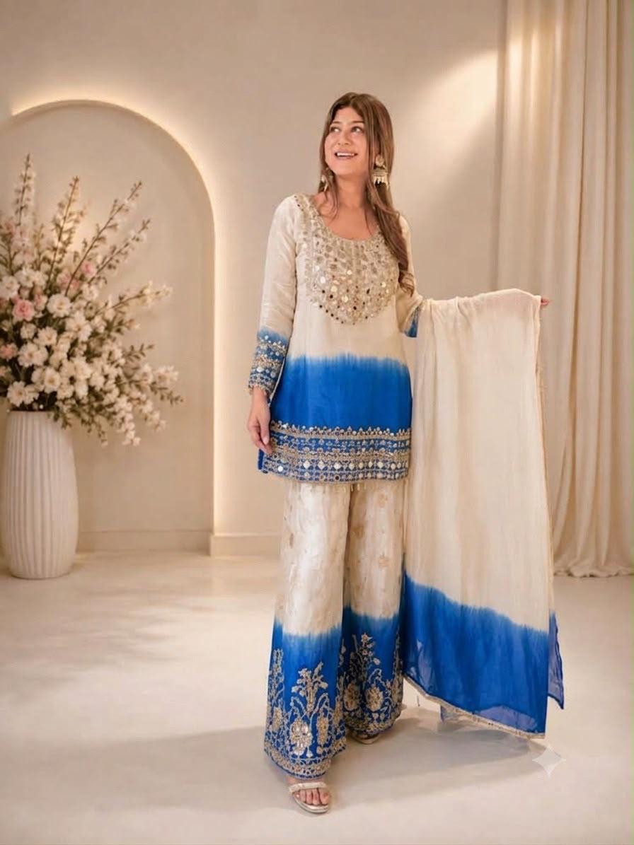 Ivory and royal blue ombre real mirror embroidered top palazzo dupatta set model view