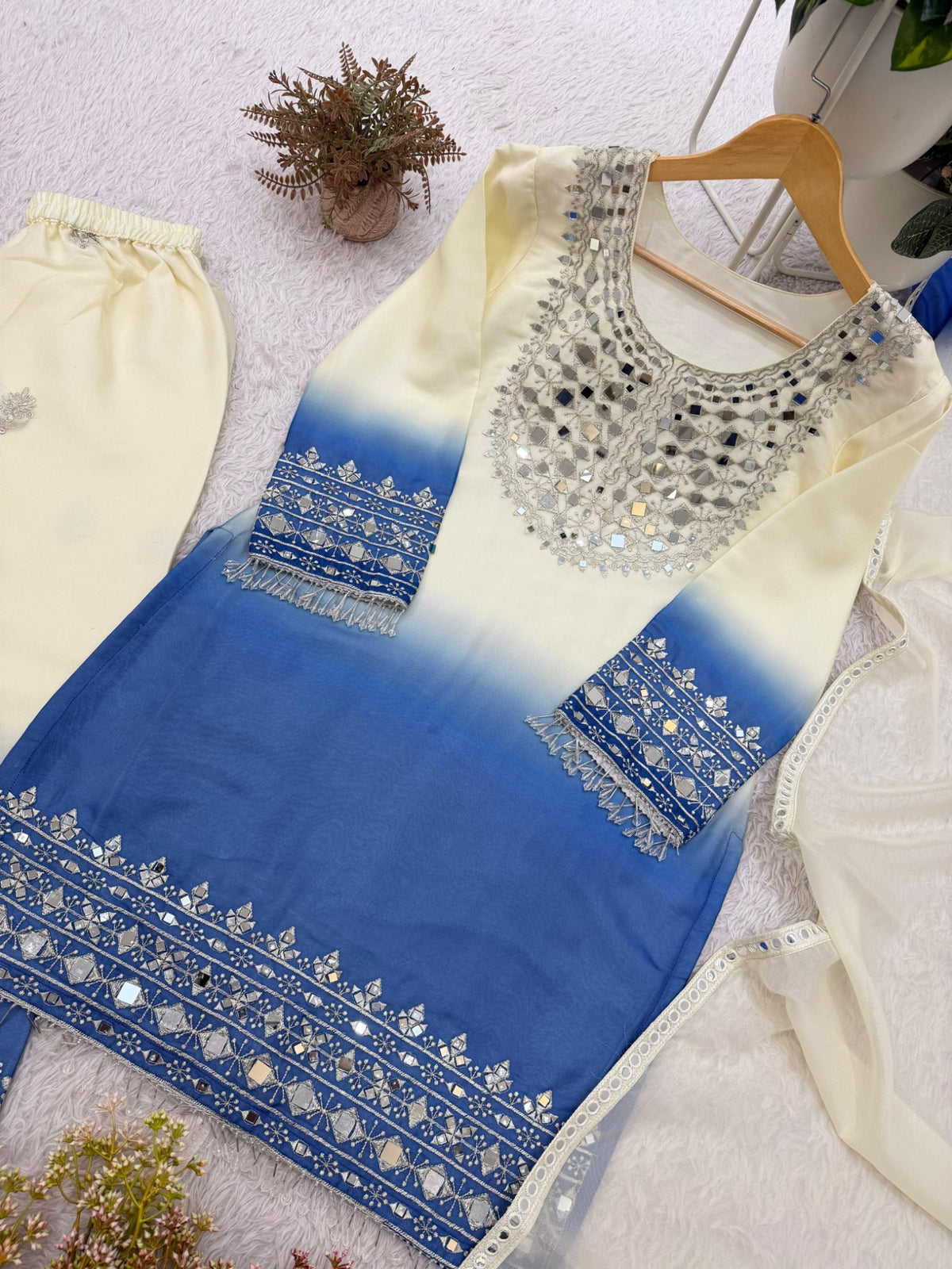Ivory and royal blue Star Georgette top with real mirror embroidery detail