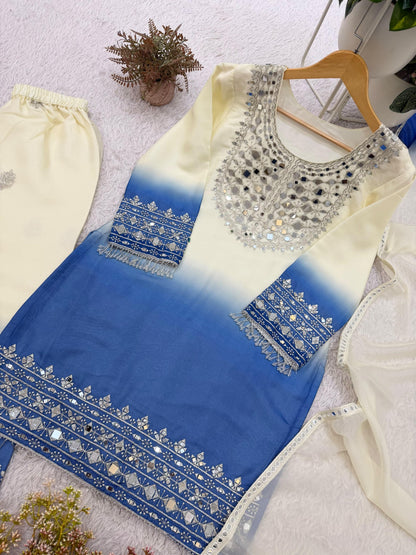 Ivory and royal blue Star Georgette top with real mirror embroidery detail