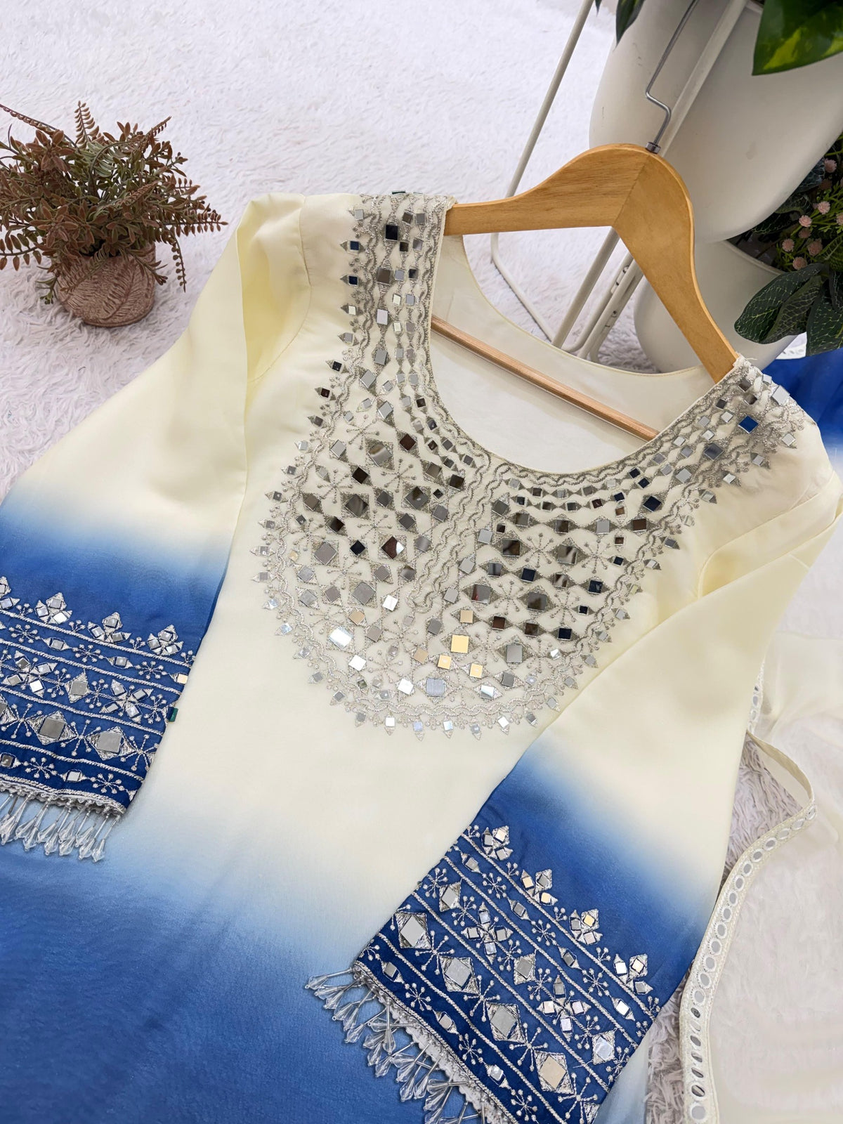 Real mirror embroidery neckline and sleeve detail on ivory royal blue ombre top