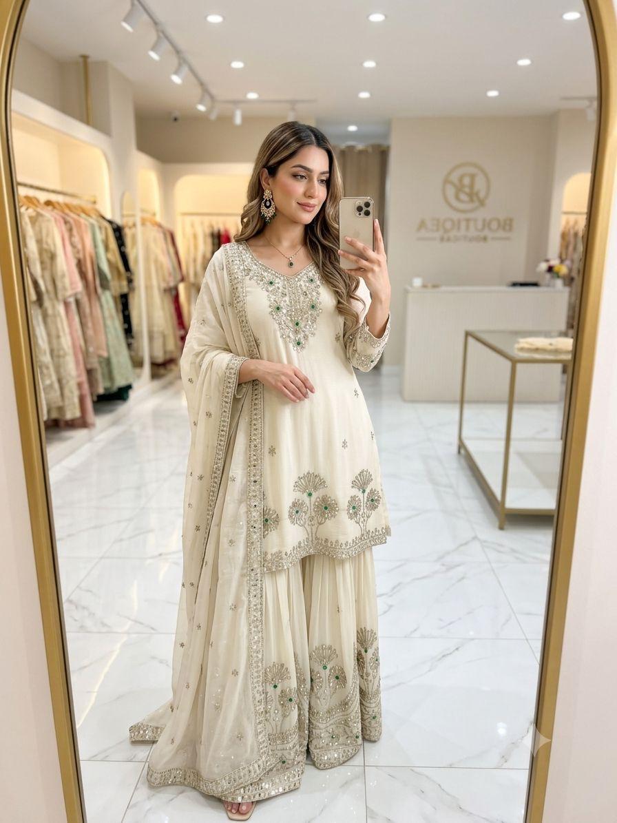Ivory satin silk embroidered sharara set with dupatta