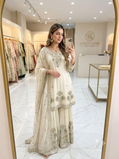 Ivory satin silk embroidered sharara set with dupatta