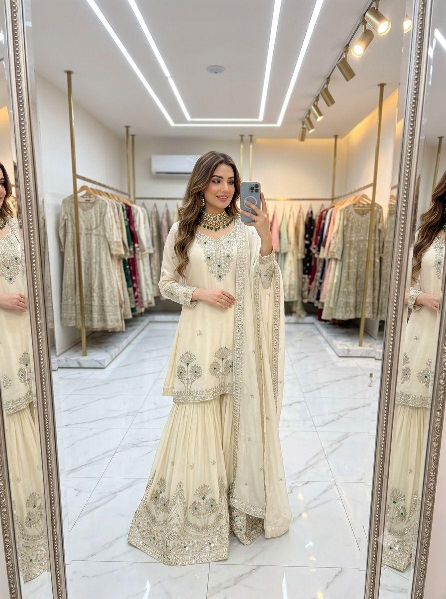 Ivory satin silk embroidered sharara set detail