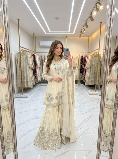 Ivory satin silk embroidered sharara set detail