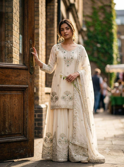 Ivory satin silk embroidered top sharara dupatta set