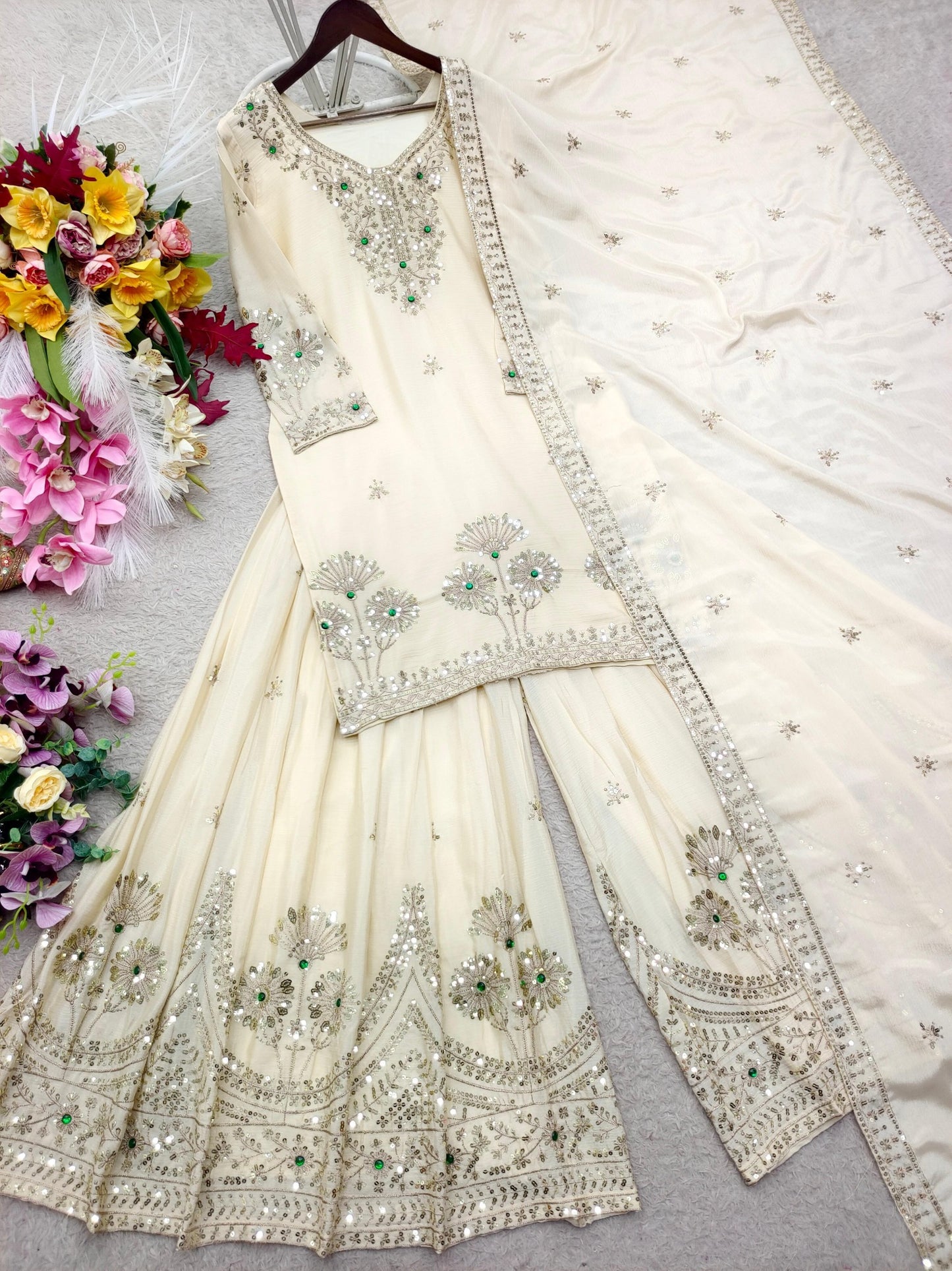 Ivory satin silk sequin embroidery sharara set
