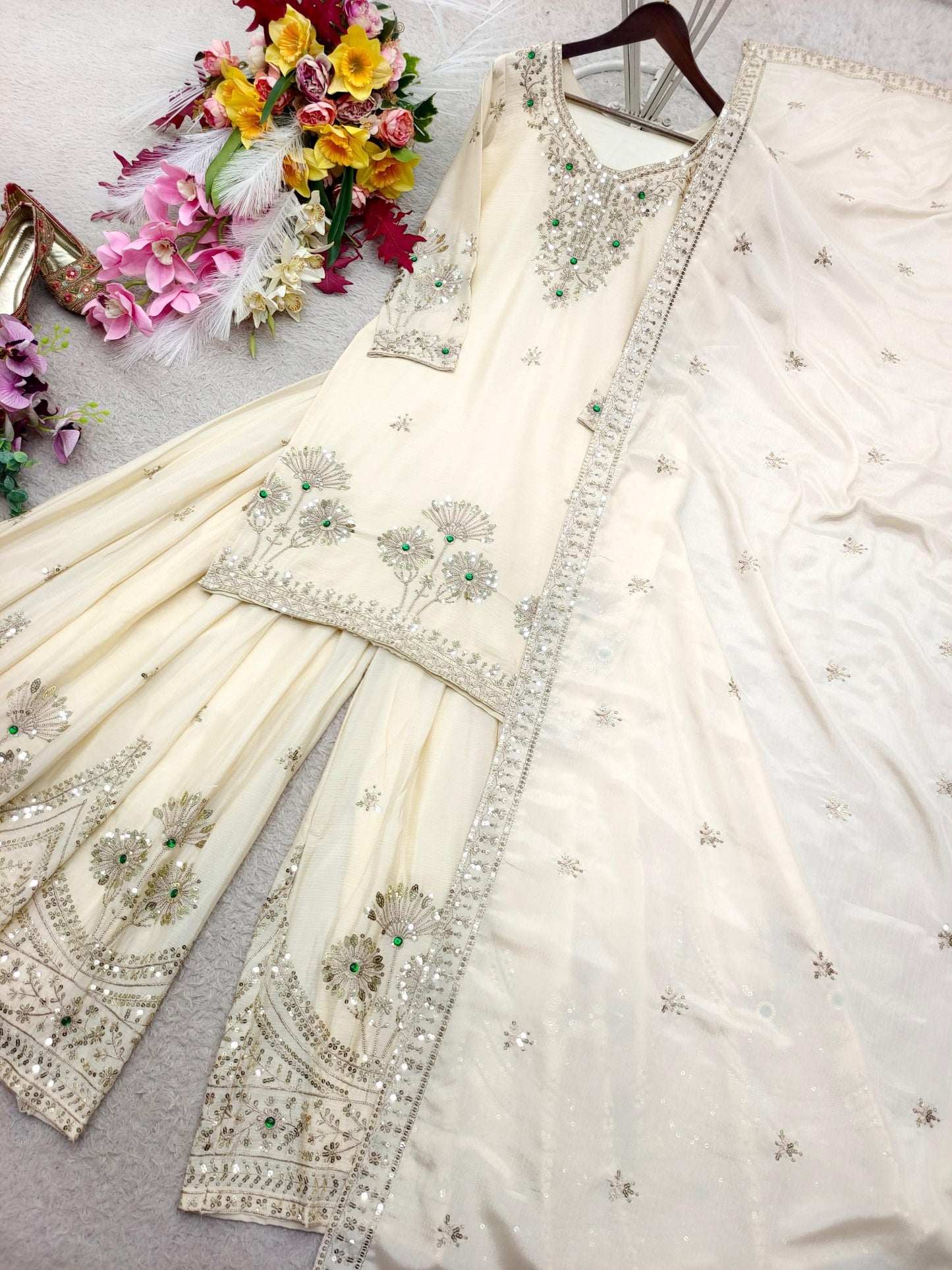 Ivory satin silk stone handwork sharara set