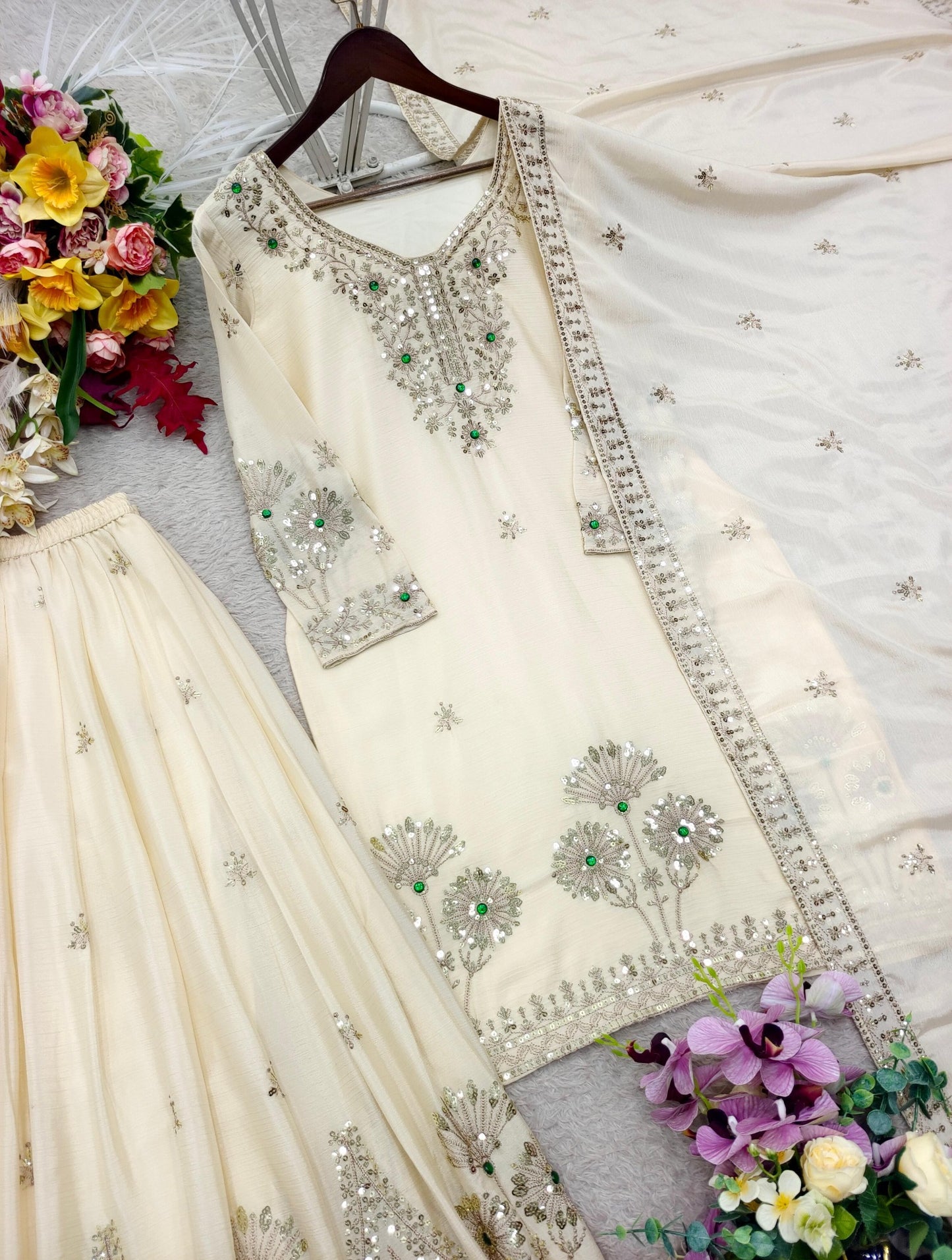 Ivory satin silk embroidered sharara and dupatta