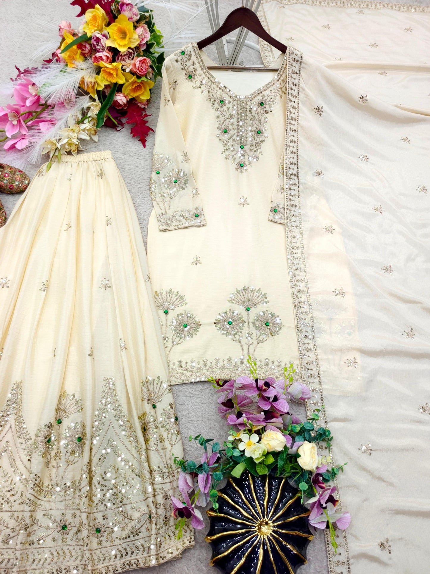 Ivory satin silk A-line top sharara set embroidery detail