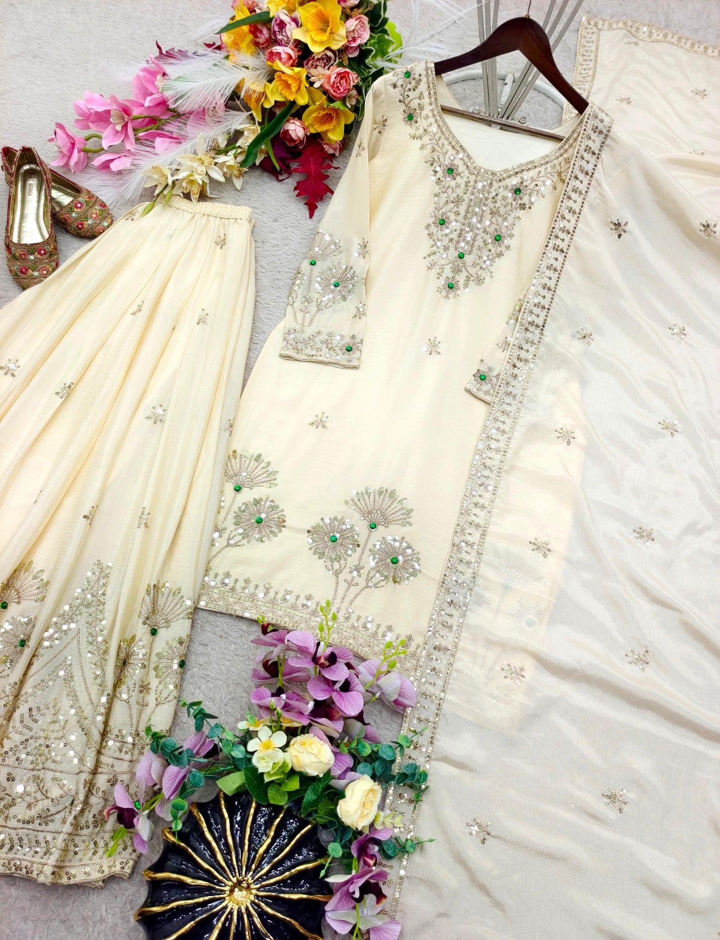 Ivory satin silk embroidered sharara set full view