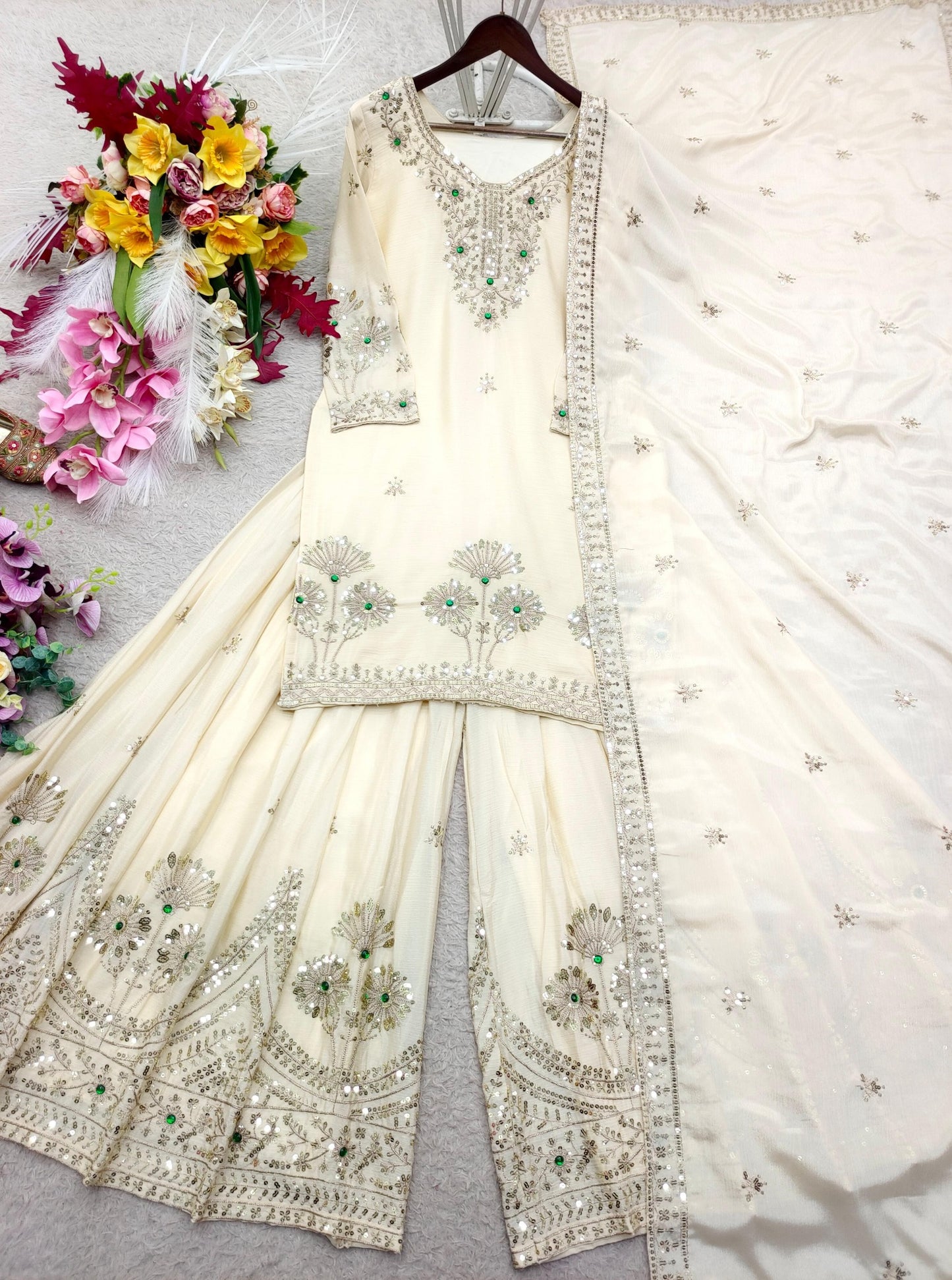 Ivory satin silk embroidered dupatta sharara set