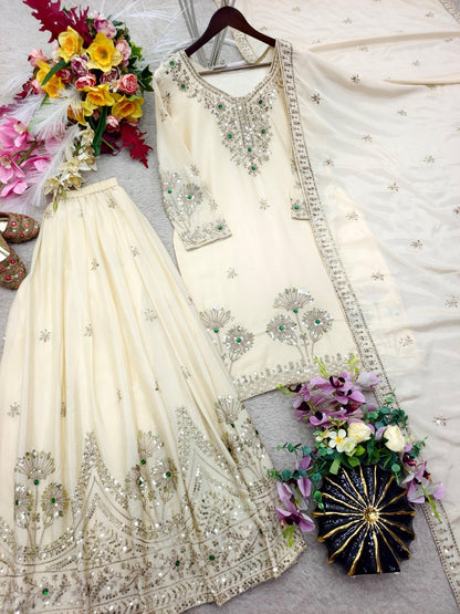 Ivory satin silk embroidered sharara suit set