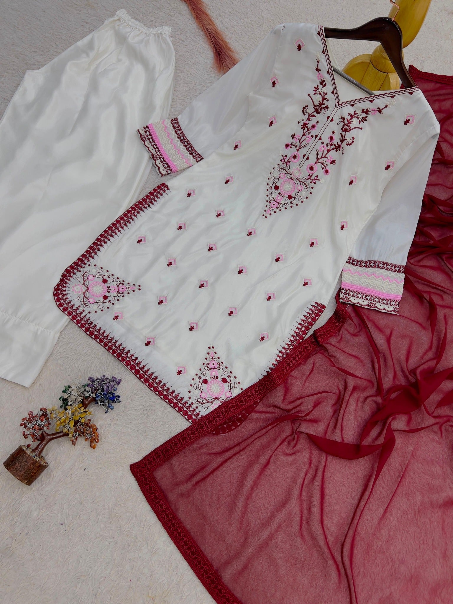Ivory embroidered silk kurti and Farshi salwar product flat lay