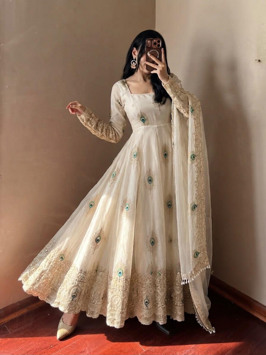 Ivory white Fandy silk embroidered Anarkali gown with dupatta – front view