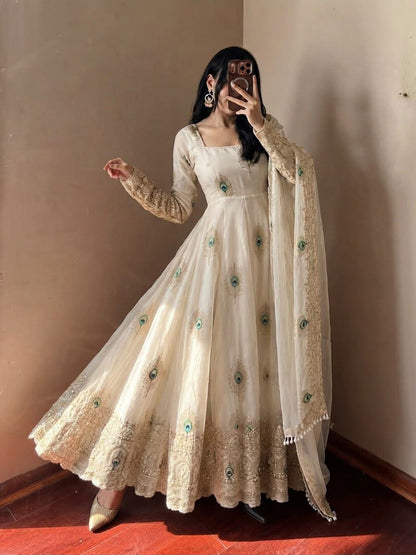 Ivory white Fandy silk embroidered Anarkali gown with dupatta – front view